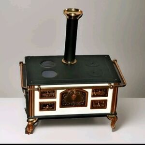 Vintage large doll wood stove black / gold tone trim approx 14x8x8"